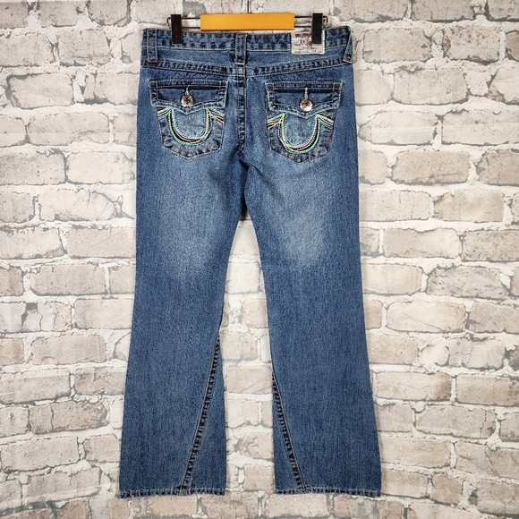 True Religion Joey Rainbow Stitch Low Rise Distressed Bootcut Jeans Blue Size 29 - Picture 11 of 15